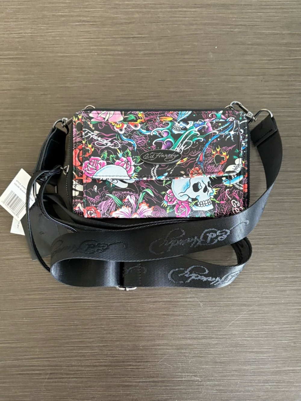 Ed Hardy Black Floral Skull Crossbody - Picture 3 of 11